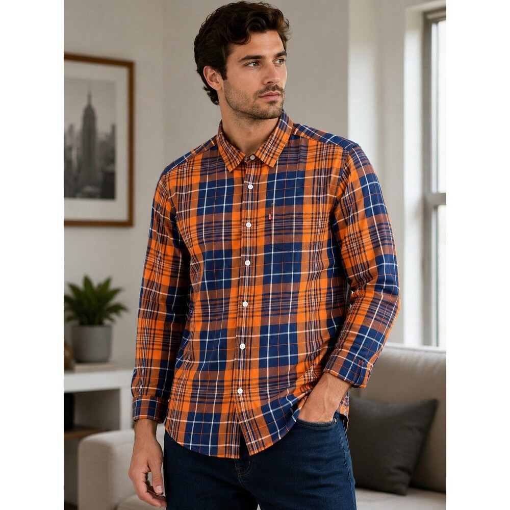 Levi's Mens Large Slim Fit Plaid Button Front Shirt Orange & Blue  100% Cotton L